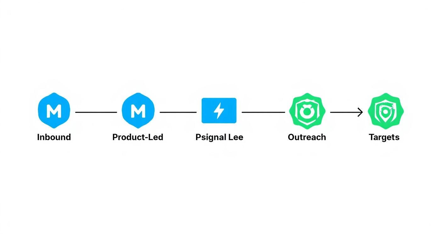 A process flow diagram showing Inbound, Product-Led, Psignal Lee, Outreach, and Targets.