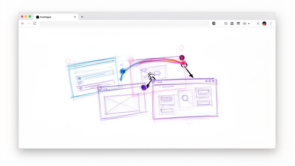 A web browser displays hand-drawn wireframes connected by colored lines showing a user flow prototype.