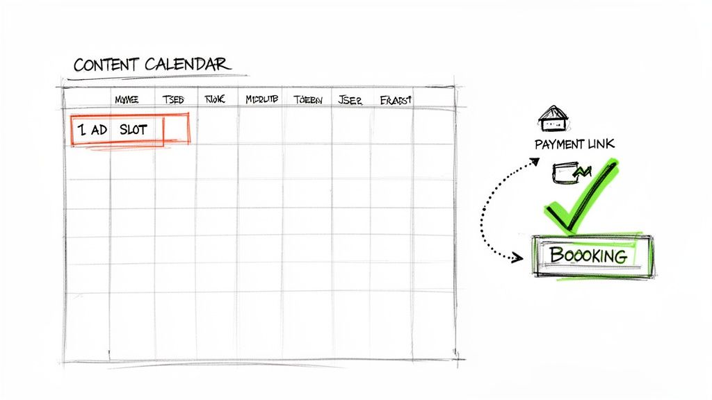 A content calendar with '1 AD SLOT' highlighted, illustrating the payment link and successful booking process.