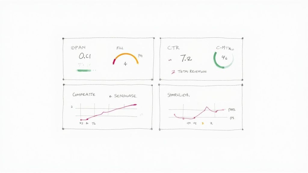 Dashboard mockup showing metrics including OPAN rate, CTR percentage, revenue comparison, and sparkline charts