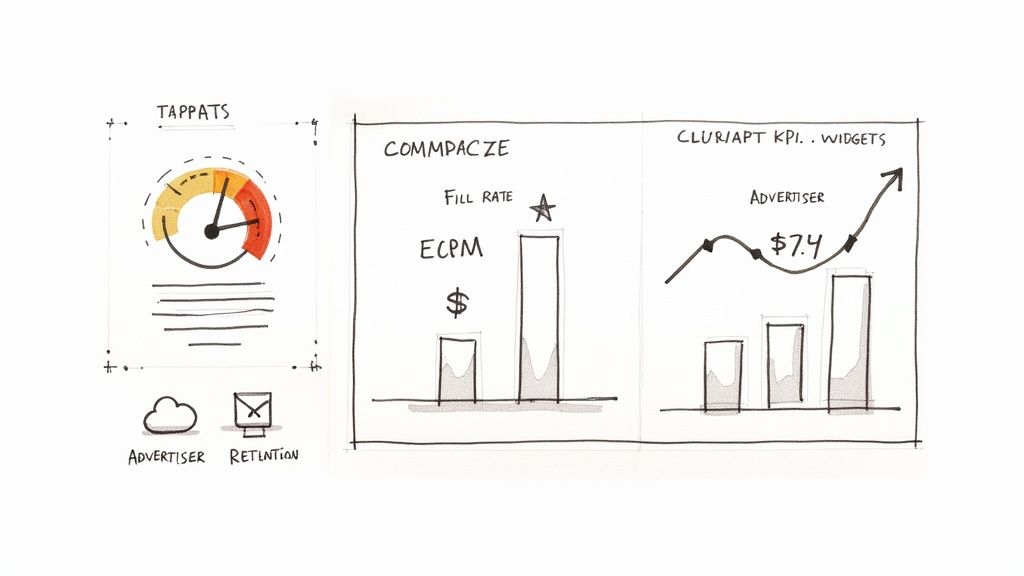 Hand-drawn dashboard sketch visualizing metrics like fill rate, ECPM, and advertiser KPIs with various charts and icons.