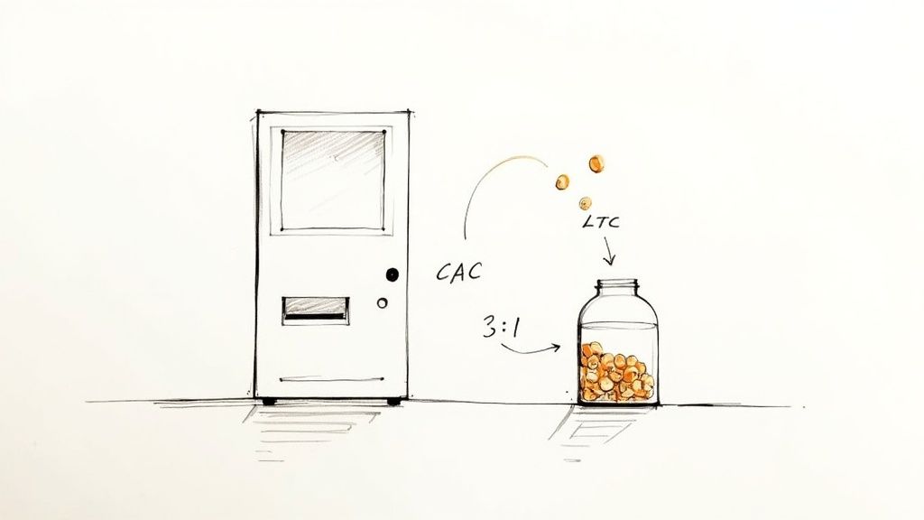 A diagram illustrating the relationship between Customer Acquisition Cost (CAC) and Customer Lifetime Value (LTC) with a 3:1 ratio.