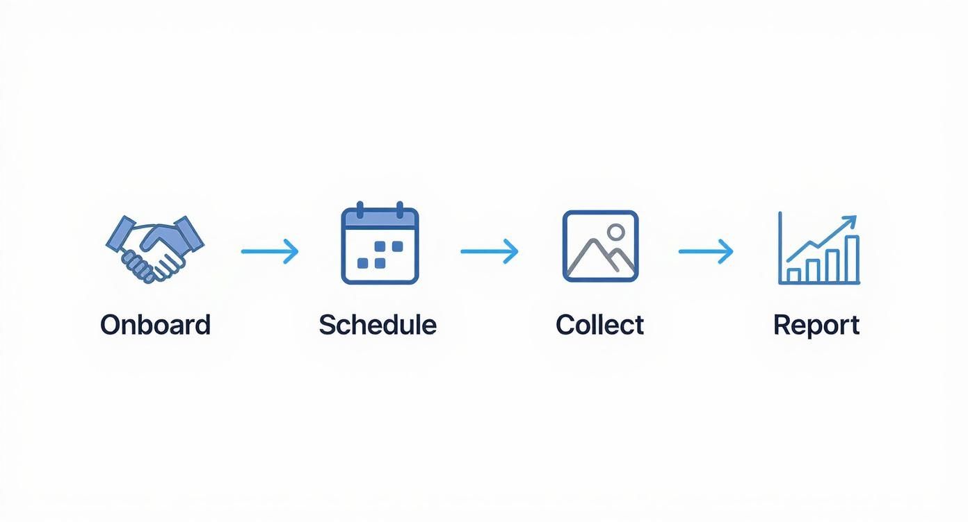 A four-step process flow diagram illustrating onboarding, scheduling, collecting, and reporting with icons.