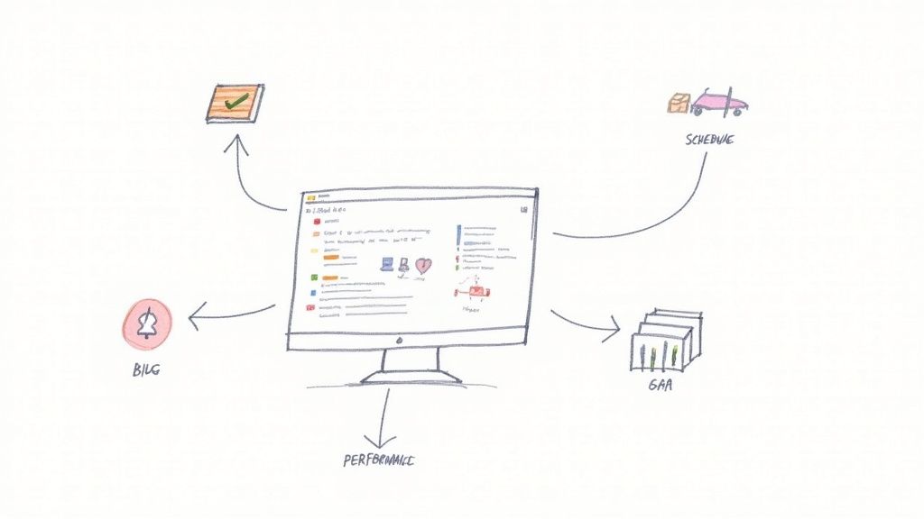 A central computer monitor displays a dashboard managing schedules, bugs, and performance, connected to various tasks.