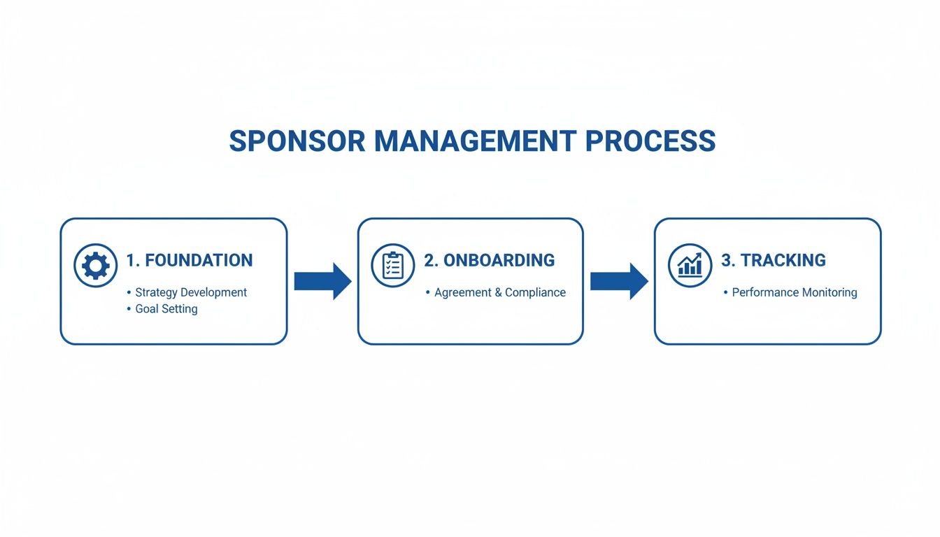 Diagram showing the three-step Sponsor Management Process: Foundation, Onboarding, and Tracking with key activities.