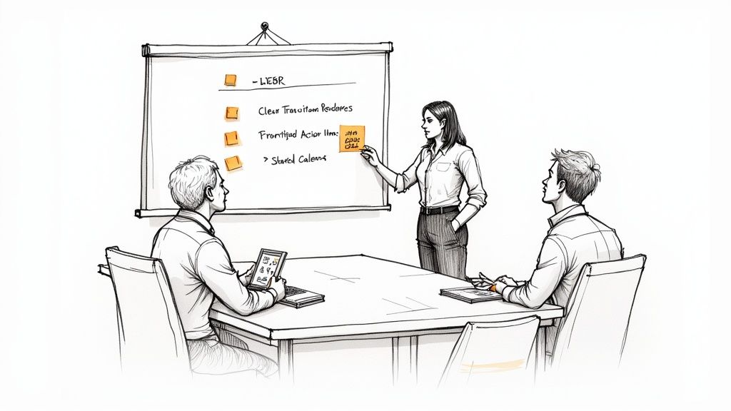 A professional facilitating a business meeting, illustrating how to run a QBR like a pro.