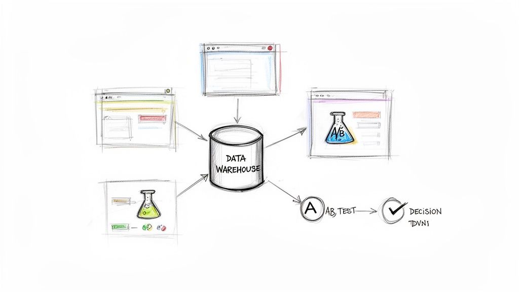 Data flow diagram illustrating a data warehouse central to A/B testing and data-driven decisions.