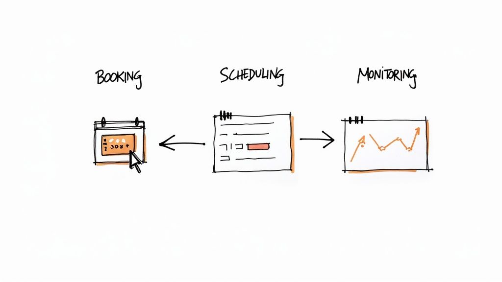 A diagram illustrates a three-step process: Booking, Scheduling, and Monitoring, using calendar and graph icons.
