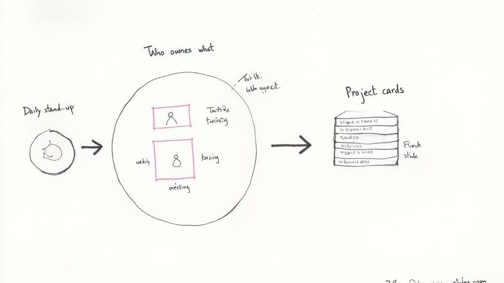 Workflow diagram showing daily stand-up, ownership meeting, and project cards stack for team management.