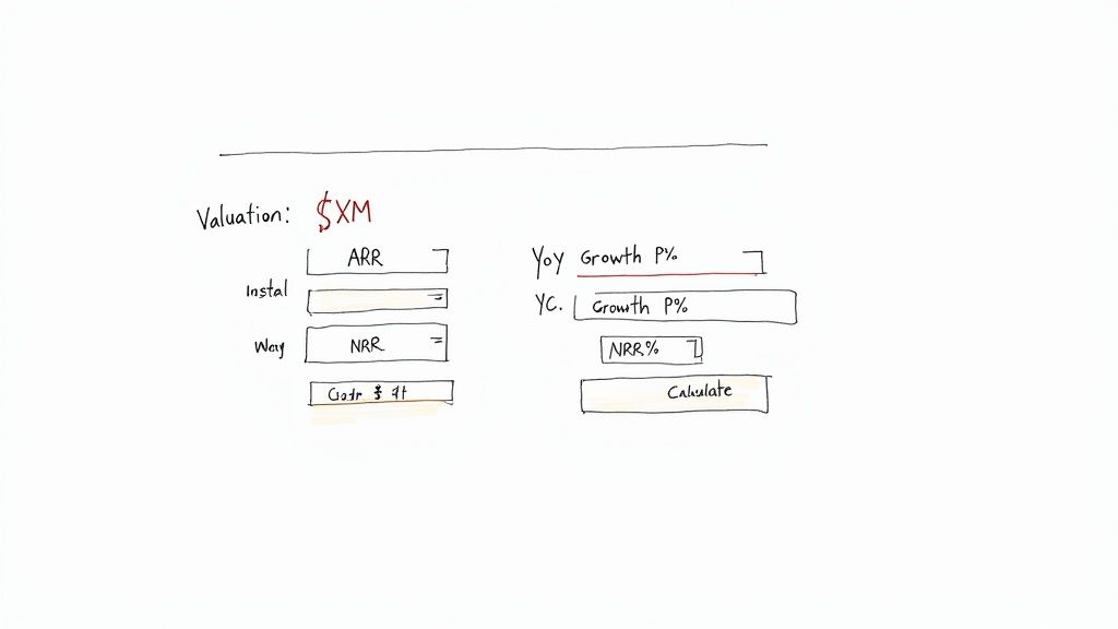 A screenshot of an an interactive ARR valuation calculator, showing fields for ARR, Growth Rate, and NRR, with a final valuation displayed.