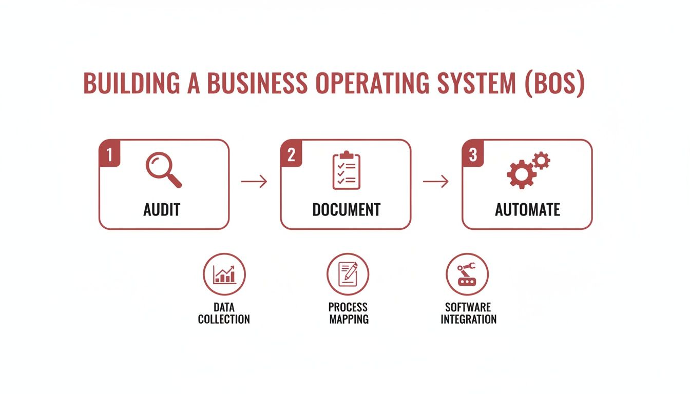 Flowchart outlining three key steps to build a Business Operating System (BOS): Audit, Document, Automate, with sub-steps.