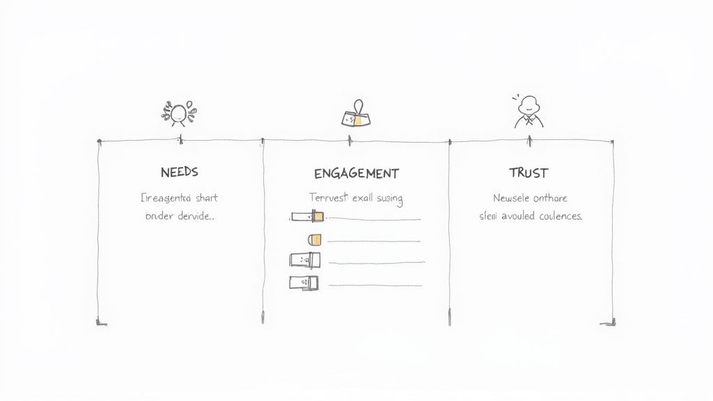 Three panel framework showing needs, engagement, and trust stages for brand sponsorship strategy