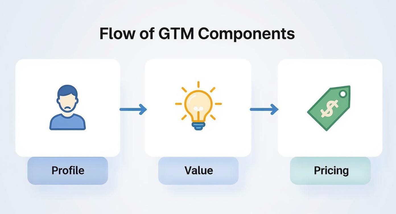 Infographic showing a process flow for GTM components starting with Profile, then Value, then Pricing.