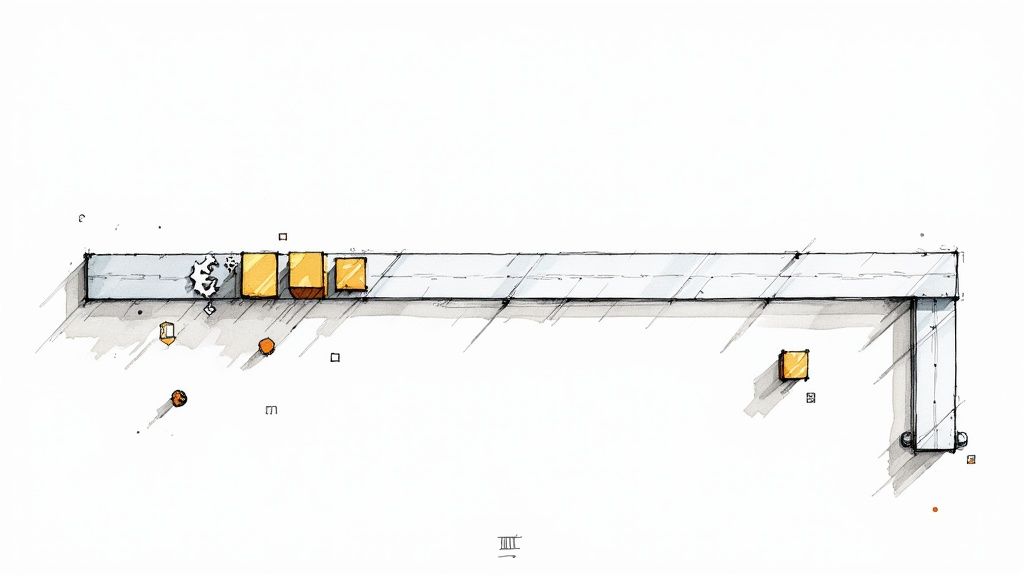 Minimalist abstract diagram showing golden and patterned blocks on a light grey L-shaped structure.