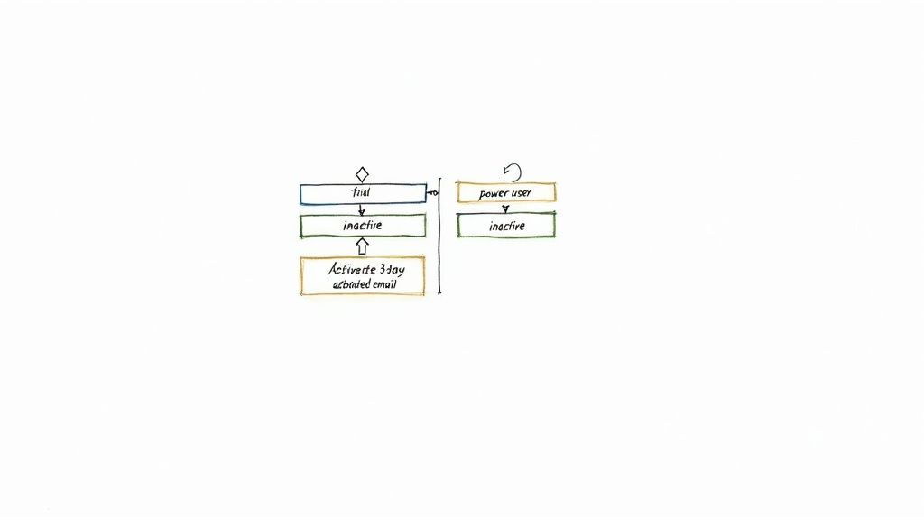 State diagram showing user trial workflow with inactive states and activation email sequence