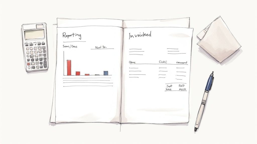 A hand-drawn sketch of a desk with a calculator, an open report, a pen, and papers, illustrating business finance.
