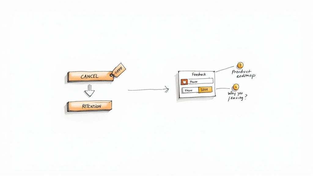 Diagram illustrating customer cancellation process, retention strategies with offers, and a feedback form for product insights.