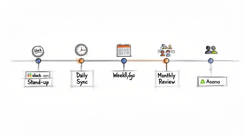 A hand-drawn timeline illustrates team meeting cadence: Slack stand-up, daily sync, weekly sync, monthly review, and Asana tasks.