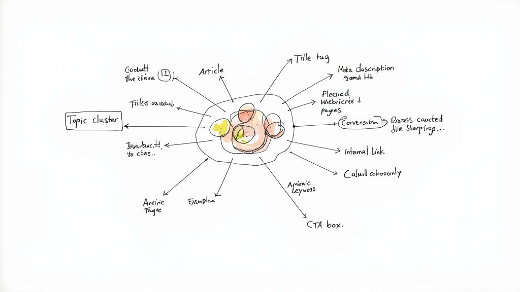 A detailed mind map illustrating SEO concepts centered around an article, showing connections to topic clusters, title tags, and other elements.