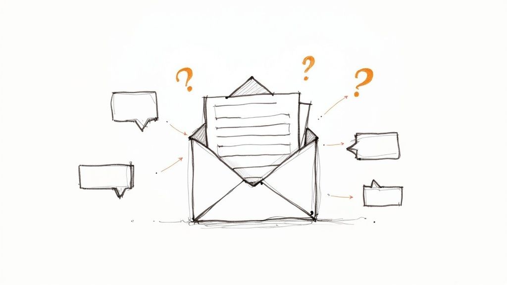 Hand-drawn sketch of an open envelope with papers, question marks, and outgoing message bubbles.