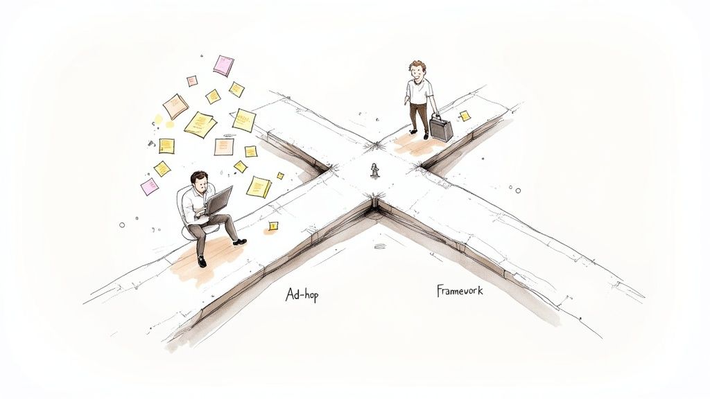 Visual metaphor contrasting chaotic ad--hoc approach with organized framework for decision-making.