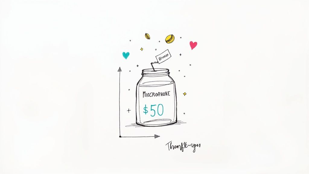 A whimsical drawing of a donation jar for a $50 microphone, with coins, hearts, and 'Thank-you'.