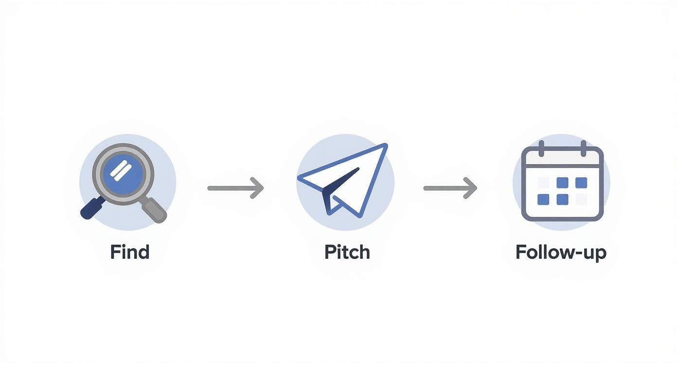 Three-step brand sponsorship process showing find, pitch, and follow-up stages with icons