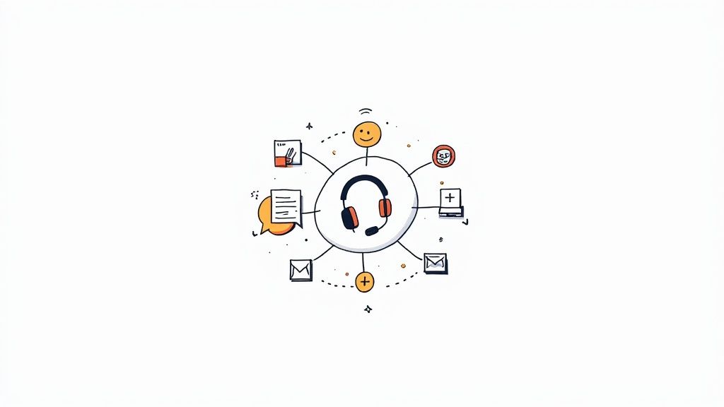 Multichannel customer support concept with a headset surrounded by icons for chat, email, and online services.