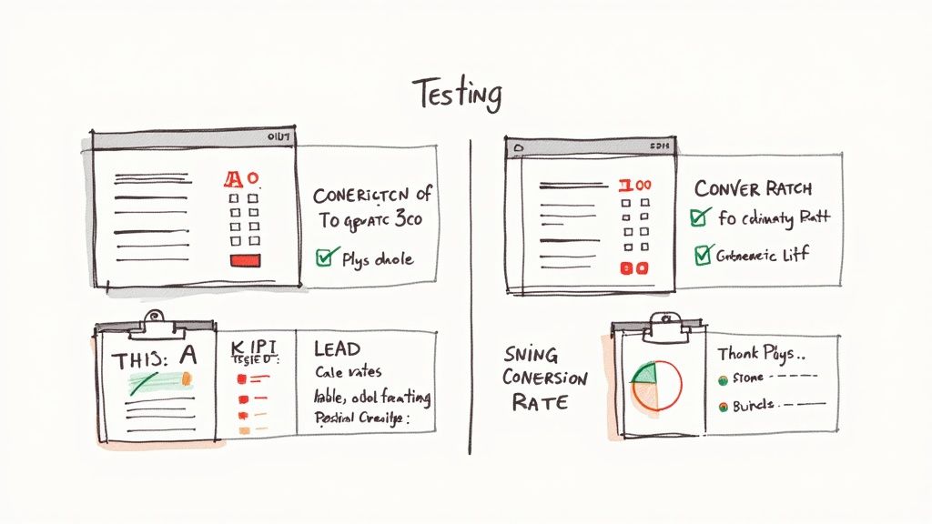 Hand-drawn dashboard sketches showing testing metrics, conversion rates, KPIs, and swing conversion analytics