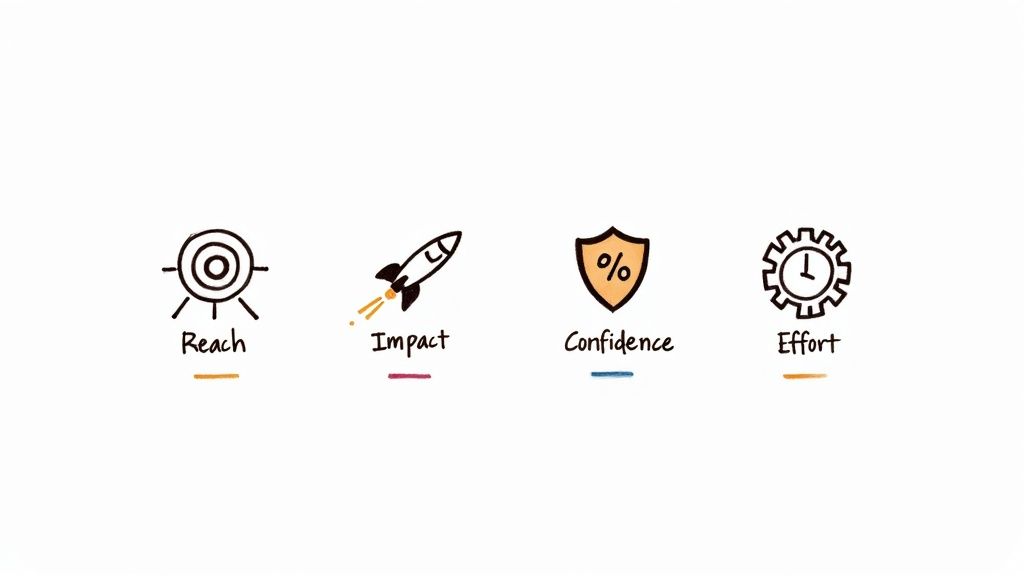 Four hand-drawn icons representing Reach, Impact, Confidence, and Effort for the RICE scoring model.