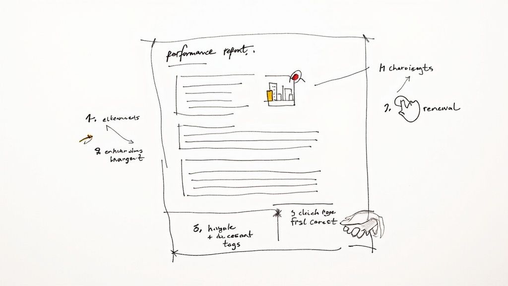 A hand-drawn diagram on a whiteboard titled 'performance report' with a bar chart and connected concepts.