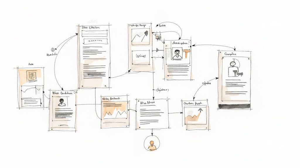 A hand-drawn workflow diagram illustrating interconnected pages and processes for marketing automation strategies.