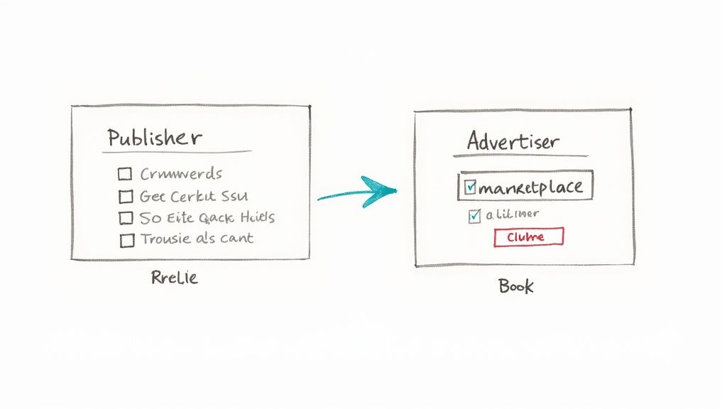 A hand-drawn diagram showing a publisher's options flowing to an advertiser's selections.