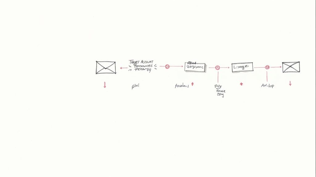 A hand-drawn flowchart illustrates a B2B SaaS lead generation process, moving from target accounts to list generation.