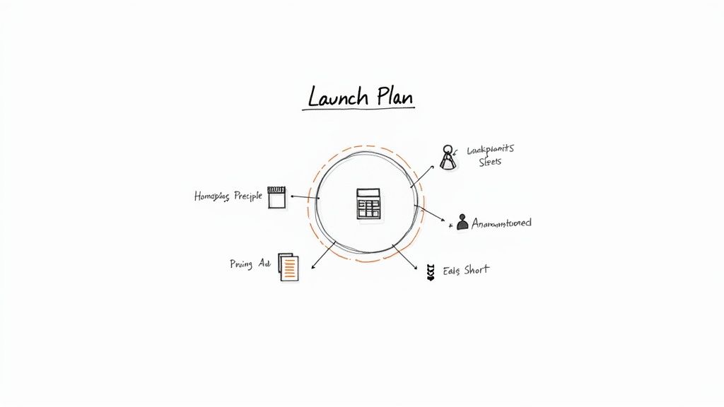 Launch plan diagram showing homepage, pricing ad, and user types connecting to central calculator interface