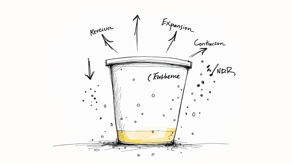 Illustration of a bucket with water level rising due to existing customer expansion, offsetting leaks from churn