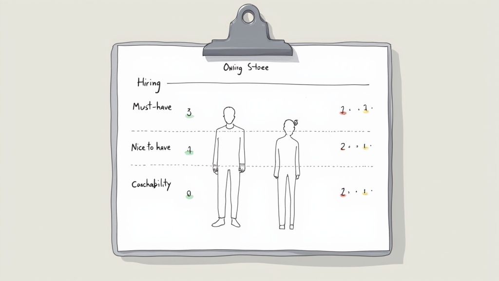 A diagram on a clipboard detailing hiring criteria like must-haves, nice-to-haves, and coachability with scores for two candidates.