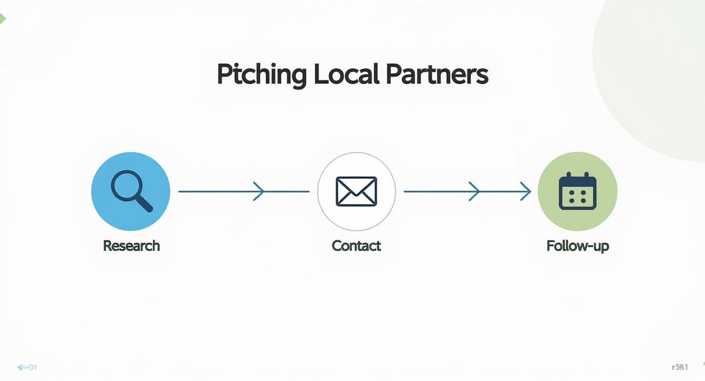 A process diagram titled 'Pitching Local Partners' showing Research, Contact, and Follow-up steps.
