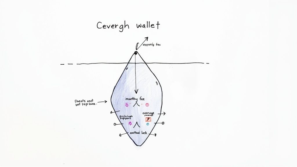 Hand-drawn iceberg diagram titled 'Cevergh wallet' illustrates visible monthly fees and hidden premium support, overage, and critical lock features.