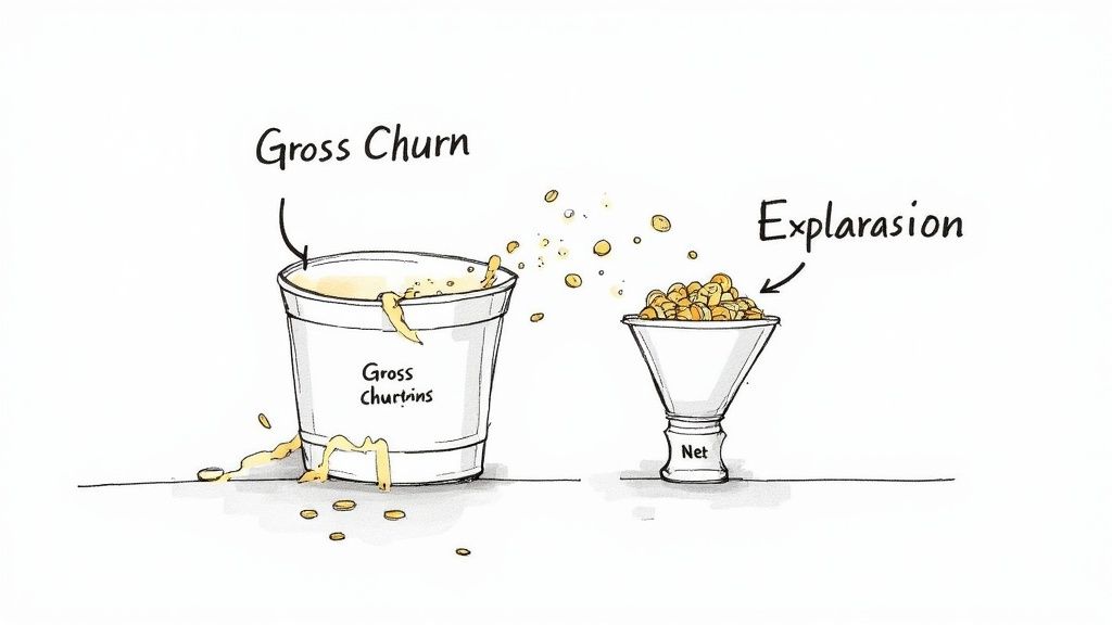 Diagram showing 'Gross Churn' as an overflowing bucket and 'Explarasion' funneling to 'Net'.