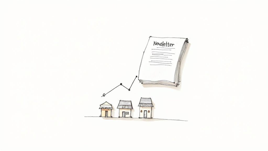 A simple sketch showing three houses connected by a rising line graph to a stack of papers labeled 'Newsletter'.