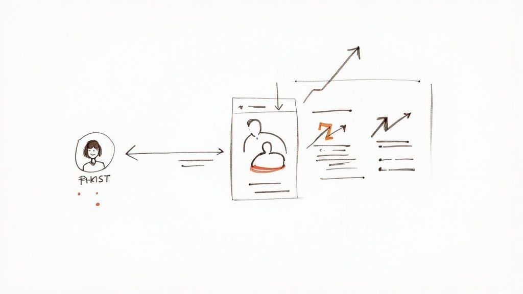 A hand-drawn diagram showing a user interacting with a digital profile leading to data-driven insights and growth.