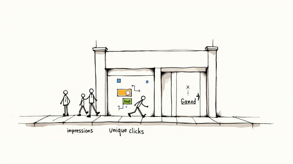 Cartoon illustrating a marketing funnel with impressions, unique clicks, and a 'Ganed' conversion goal.