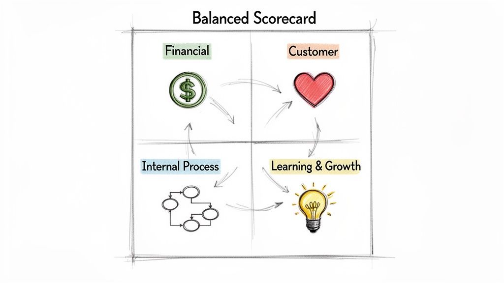 A Balanced Scorecard diagram illustrating four interconnected perspectives: Financial, Customer, Internal Process, and Learning & Growth.