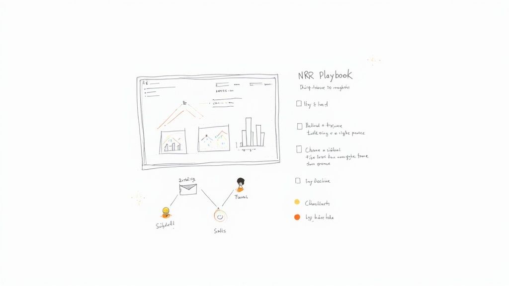 Hand-drawn NRR Playbook sketch showing charts, a checklist, and a workflow diagram.