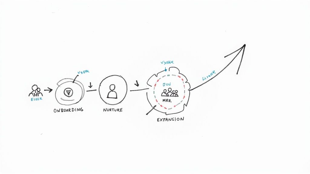 A hand-drawn diagram illustrating the customer journey stages: Onboarding, Nurture, and Expansion, leading to overall growth.