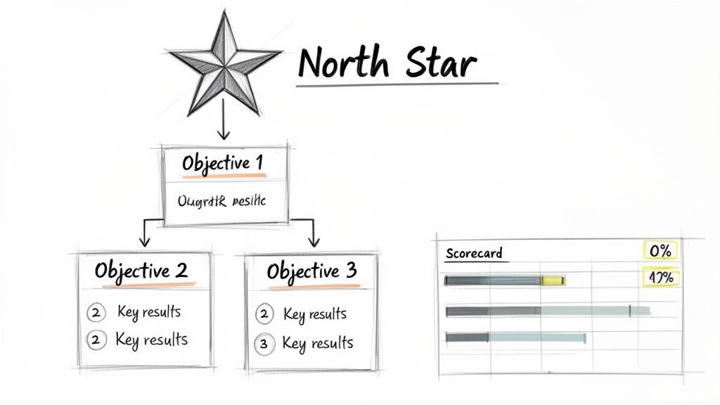 A hand-drawn diagram showing a North Star objective breakdown with key results and a scorecard.
