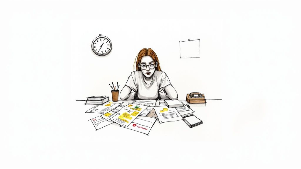 Illustration of a stressed woman with glasses at a desk buried under piles of papers.