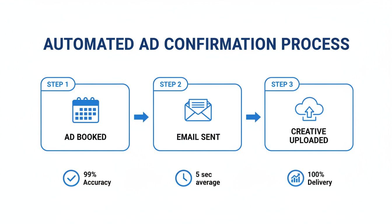 Diagram showing a 3-step automated ad confirmation process: ad booked, email sent, creative uploaded.