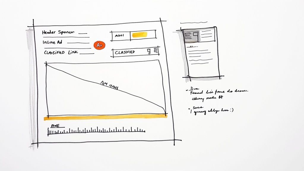 A person at a desk with a Beehiiv newsletter template on their laptop, surrounded by sticky notes and coffee, planning ad slots.